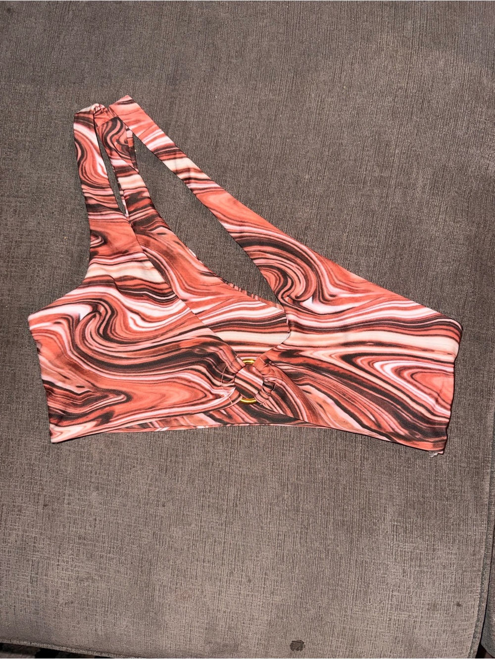 Swirl Print One-Shoulder Bikini Top - Coral & Brown